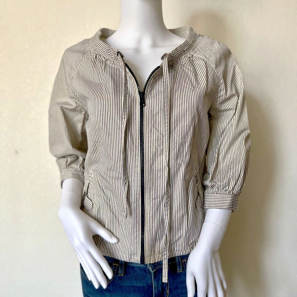 Gap Pinstripe Zip Up Lightweight Jacket Gathered Neck Bow Tie Size XS